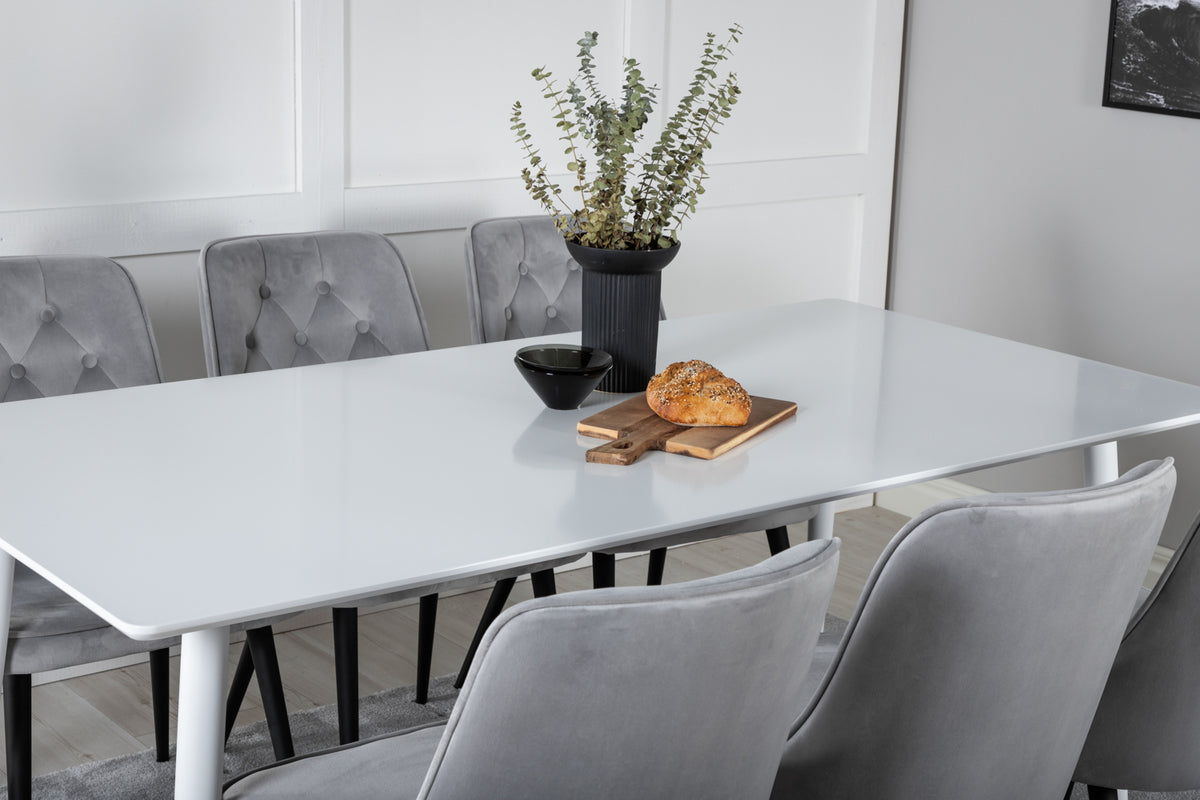 Venture Design Polar & Velvet Deluxe Rektangulära Matbord 180 x 90 Vit + Matstolar 2-pack Ljusgrå