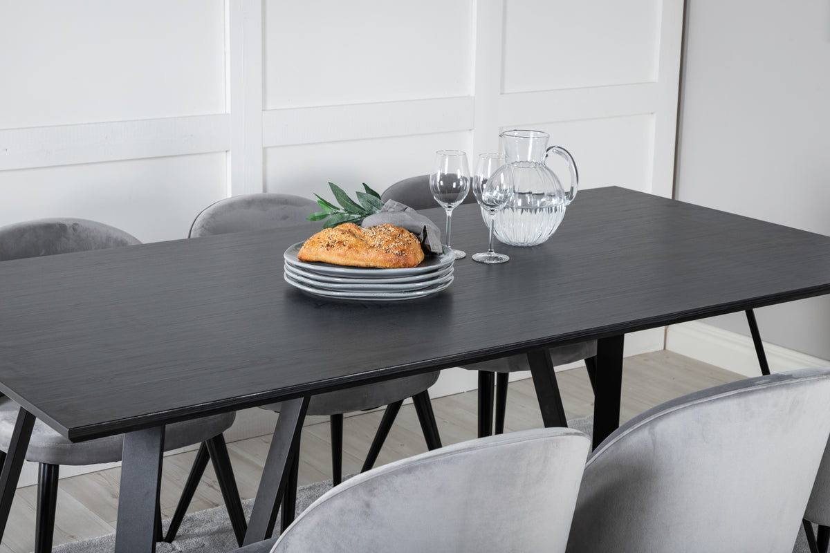 Venture Design Velvet & Marina Matstolar 2-pack Grå + Rektangulära Matbord 180 x 90 Svart
