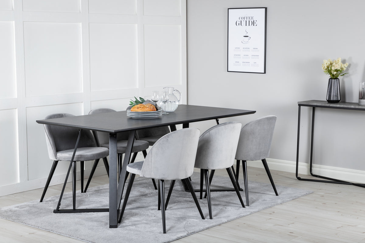Venture Design Velvet & Marina Matstolar 2-pack Grå + Rektangulära Matbord 180 x 90 Svart