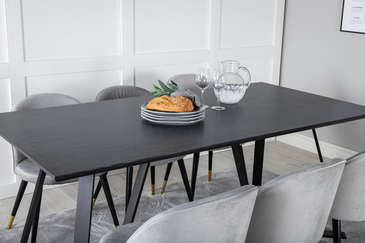Venture Design Marina & Velvet Rektangulära Matbord 180 x 90 Svart + Matstolar 2-pack Grå