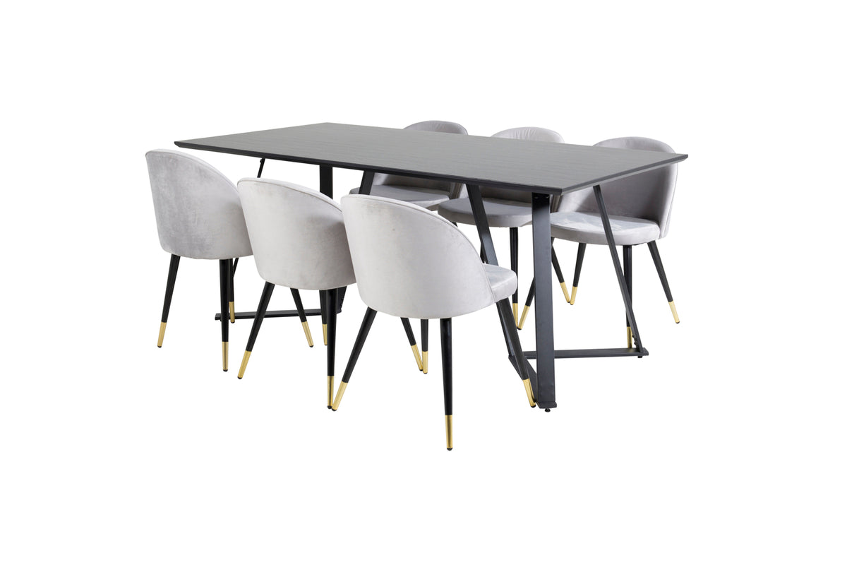Venture Design Marina & Velvet Rektangulära Matbord 180 x 90 Svart + Matstolar 2-pack Grå