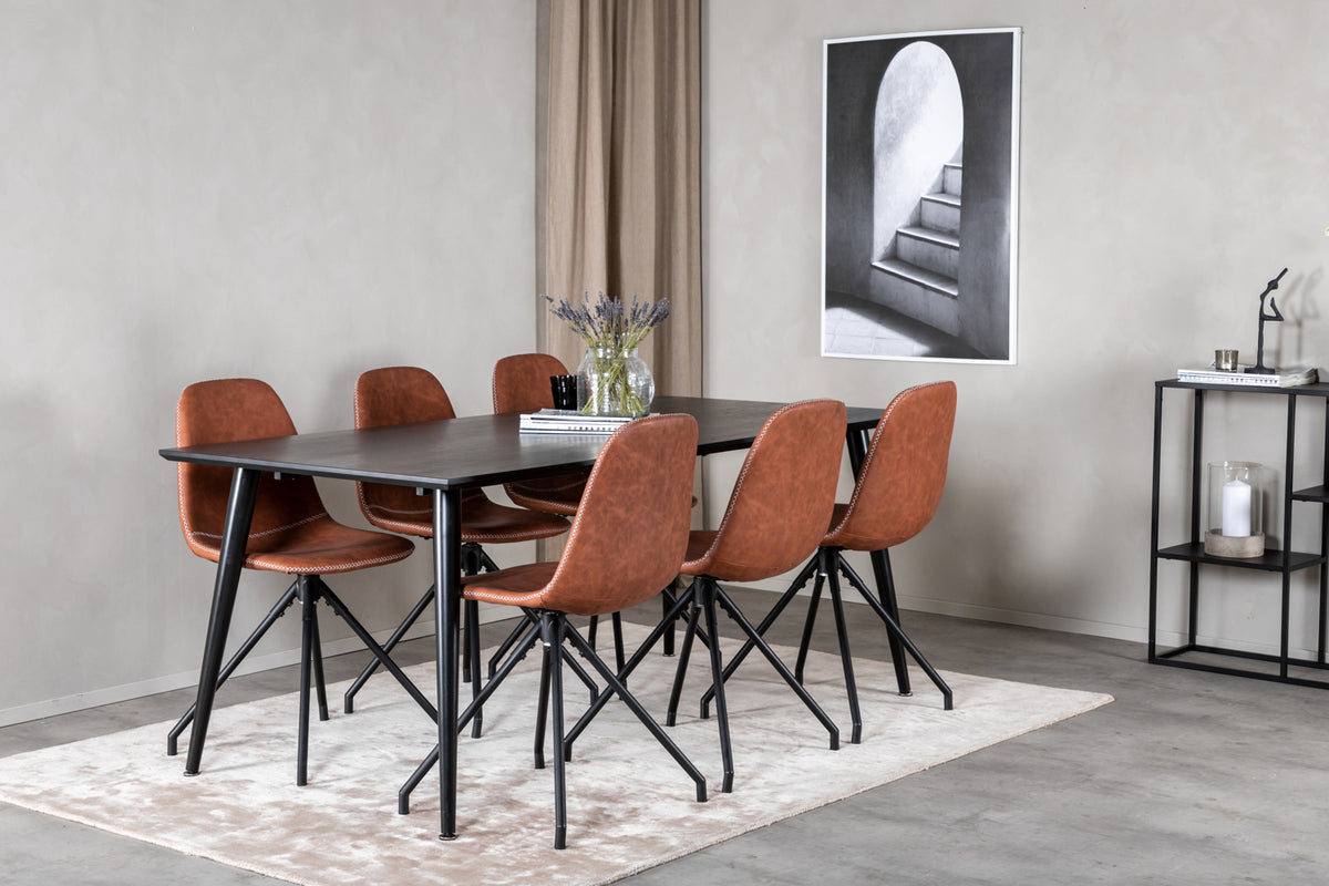 Venture Design Dipp & Polar Rektangulära Matbord 180 x 90 Svart + Matstolar 2-pack Brun