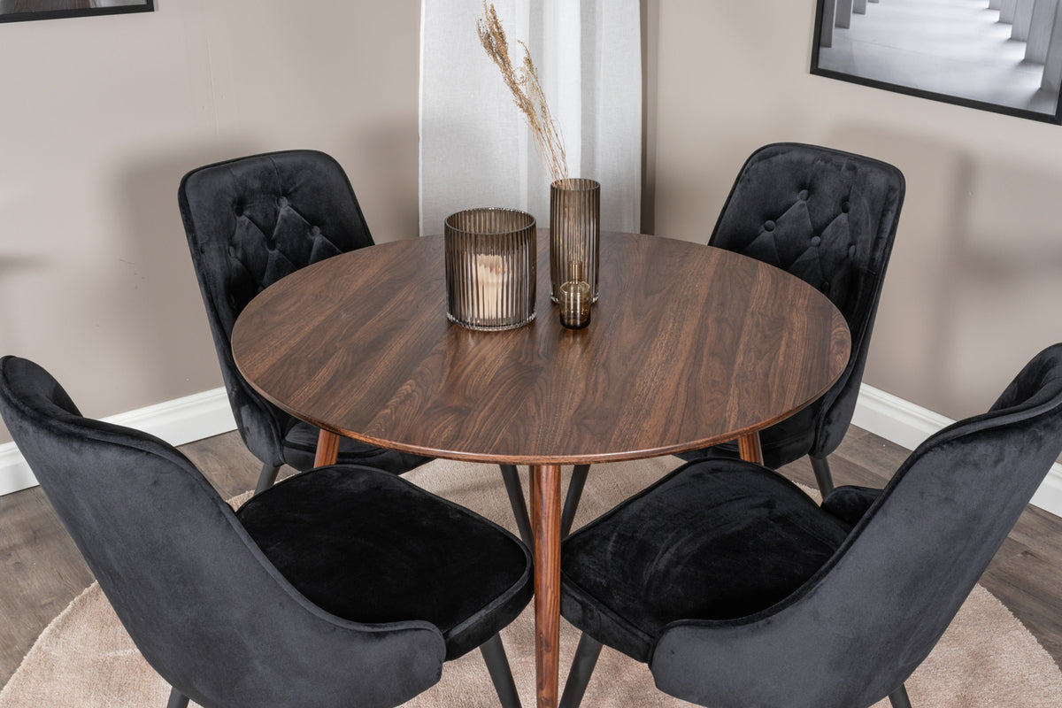 Venture Design Plaza & Velvet Deluxe Runda Matbord ⌀100 Valnöt + Matstolar 2-pack Svart