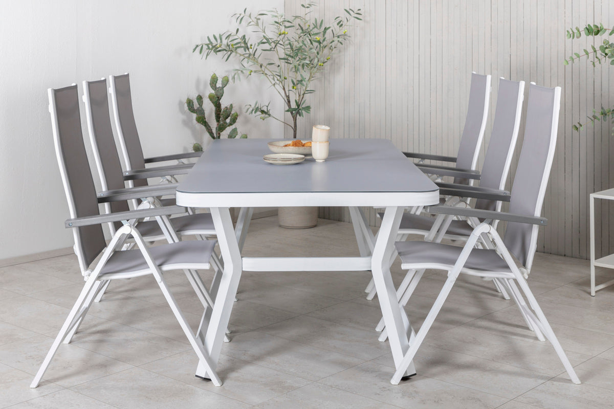 Venture Design Virya & Albany Rektangulära Matbord 74 x 200 x 100 Vit + Positionsstolar 2-pack Grå