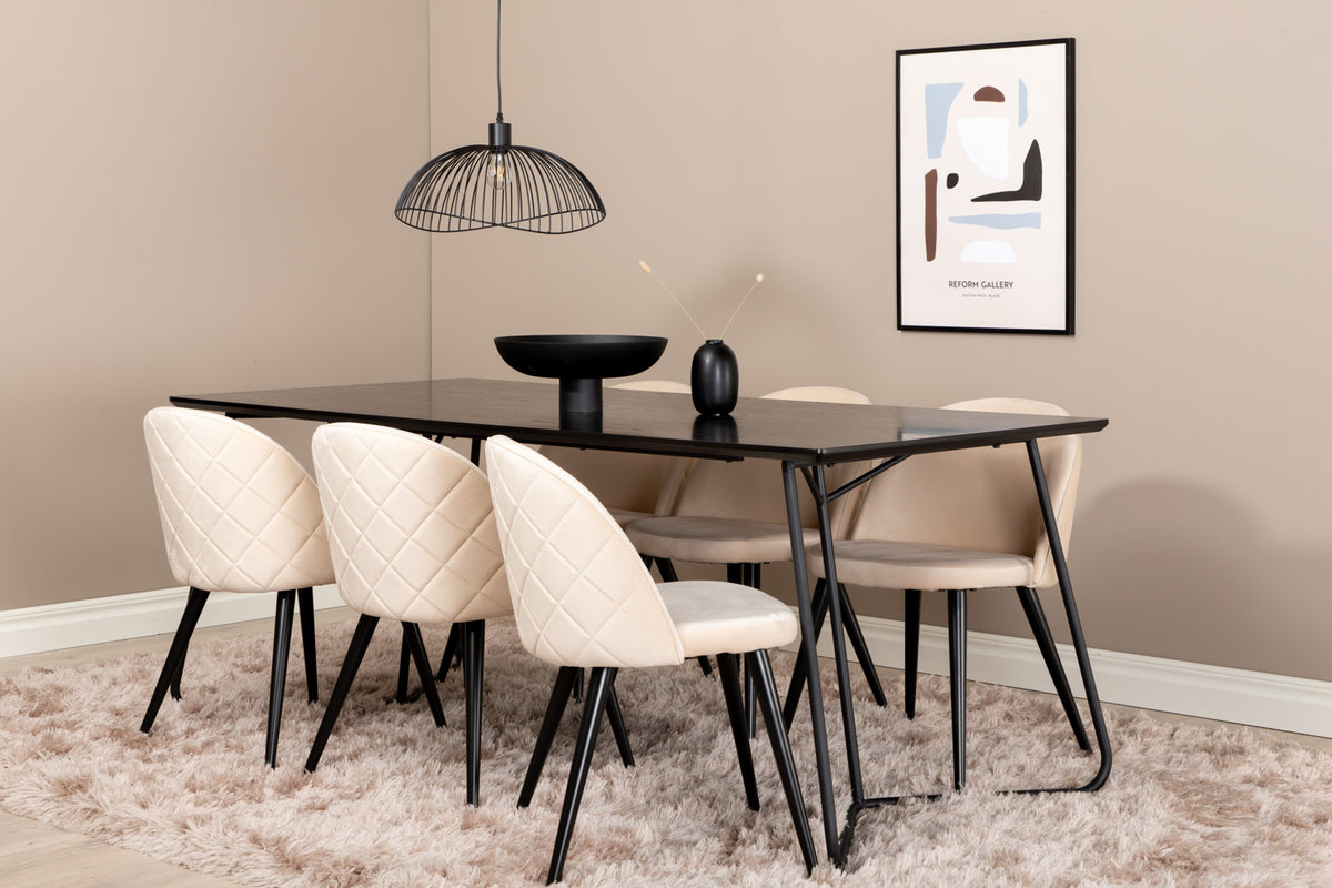 Venture Design Petra & Velvet Rektangulära Matbord 190 x 90 Svart + Matstolar 2-pack Beige