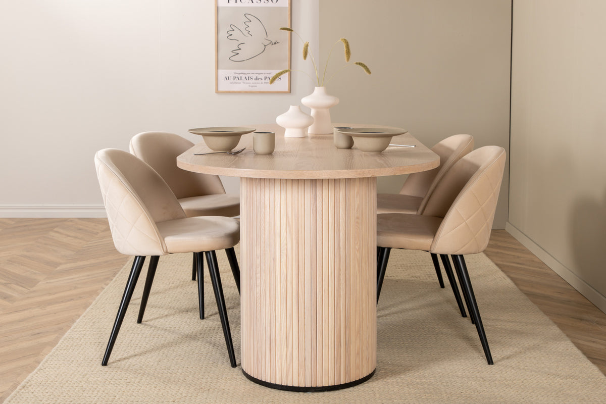 Venture Design Bianca & Velvet Ovala Matbord 200 x 90 Vitputsad + Matstolar 2-pack Beige