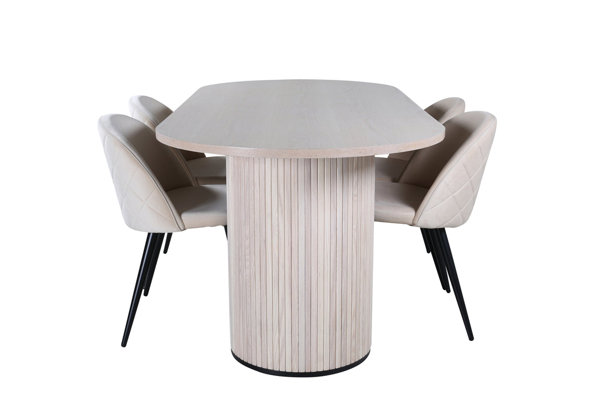 Venture Design Bianca & Velvet Ovala Matbord 200 x 90 Vitputsad + Matstolar 2-pack Beige