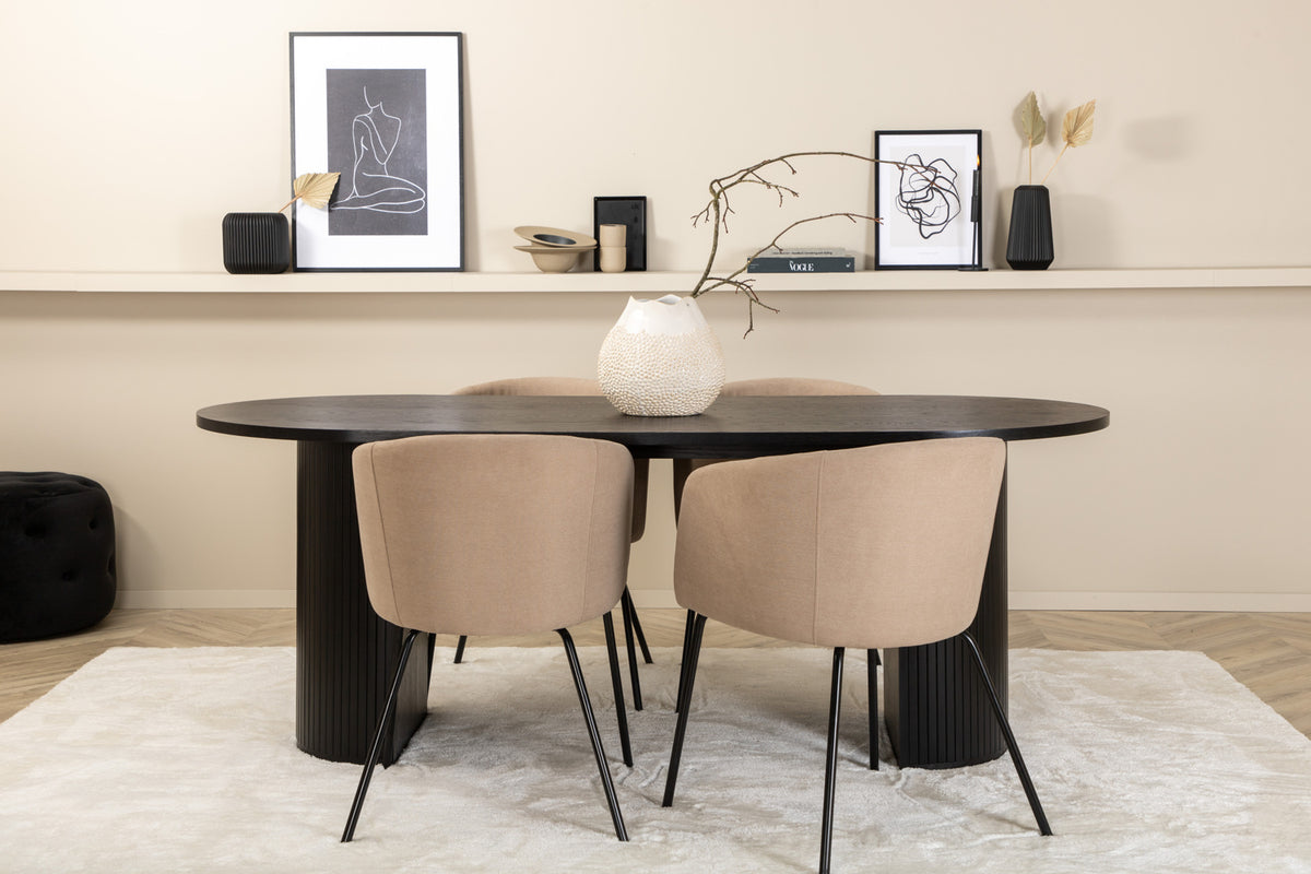 Venture Design Berit & Bianca Matstolar Beige + Ovala Matbord 200 x 90 Svart