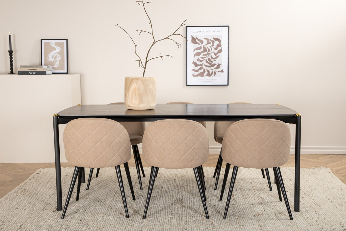 Venture Design Pelle & Velvet Rektangulära Matbord 190 x 90 Svart + Matstolar 2-pack Beige
