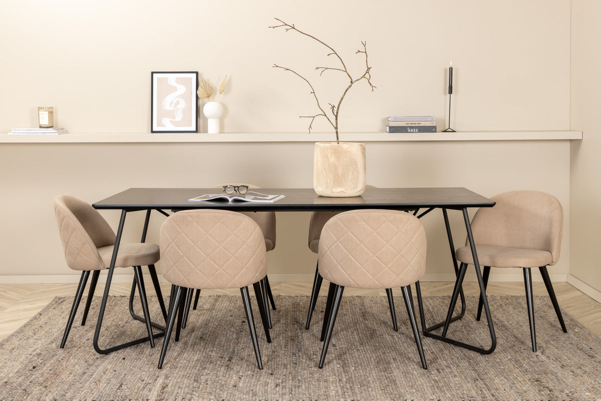Venture Design Petra & Velvet Rektangulära Matbord 190 x 90 Svart + Matstolar 2-pack Beige