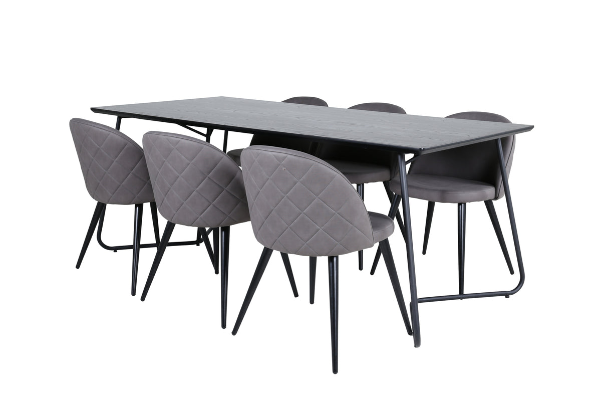 Venture Design Petra & Velvet Rektangulära Matbord 190 x 90 Svart + Matstolar 2-pack Grå