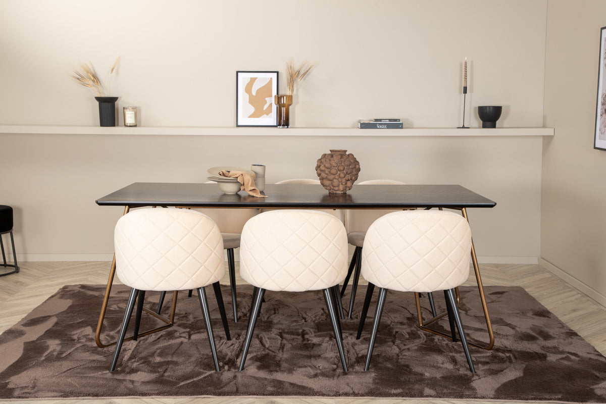 Venture Design Petra & Velvet Rektangulära Matbord 190 x 90 Svart + Matstolar 2-pack Beige