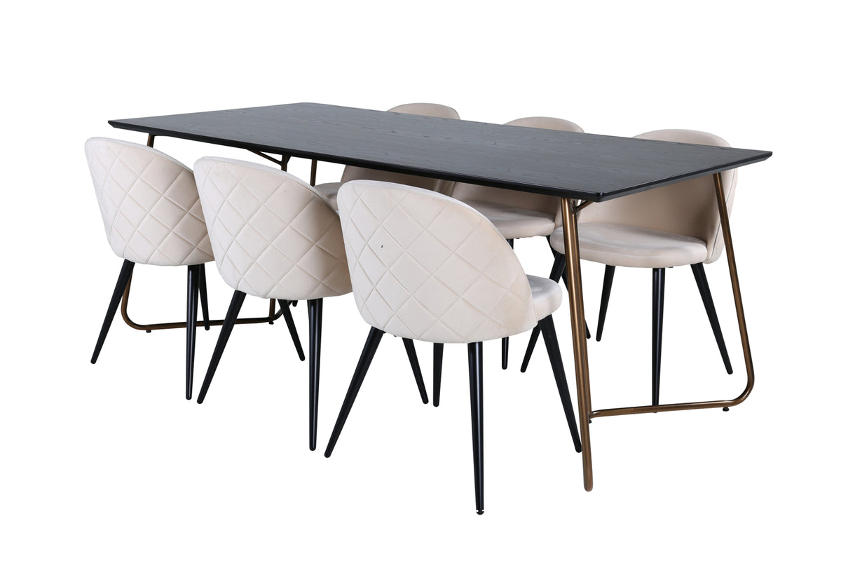 Venture Design Petra & Velvet Rektangulära Matbord 190 x 90 Svart + Matstolar 2-pack Beige