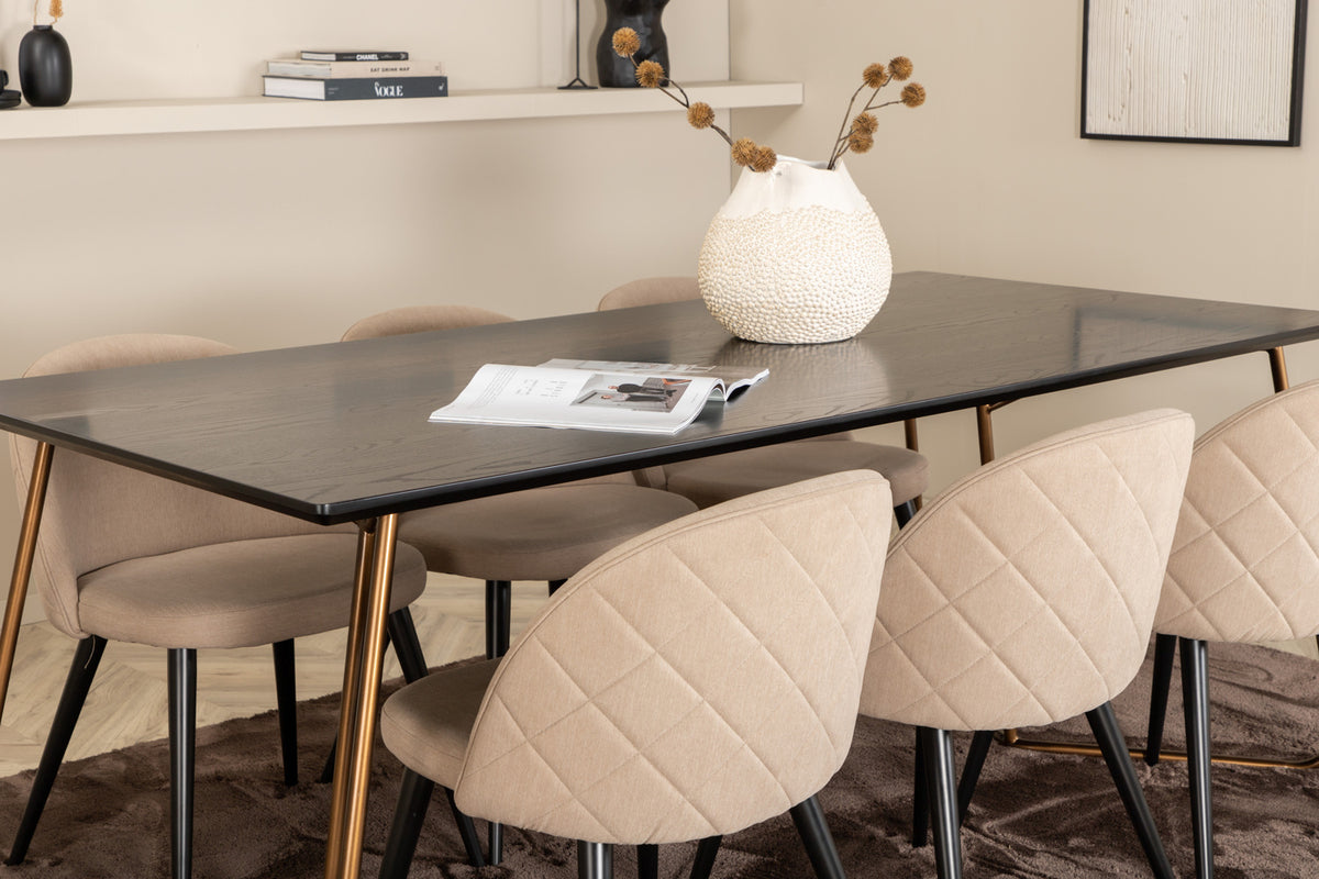 Venture Design Petra & Velvet Rektangulära Matbord 190 x 90 Svart + Matstolar 2-pack Beige