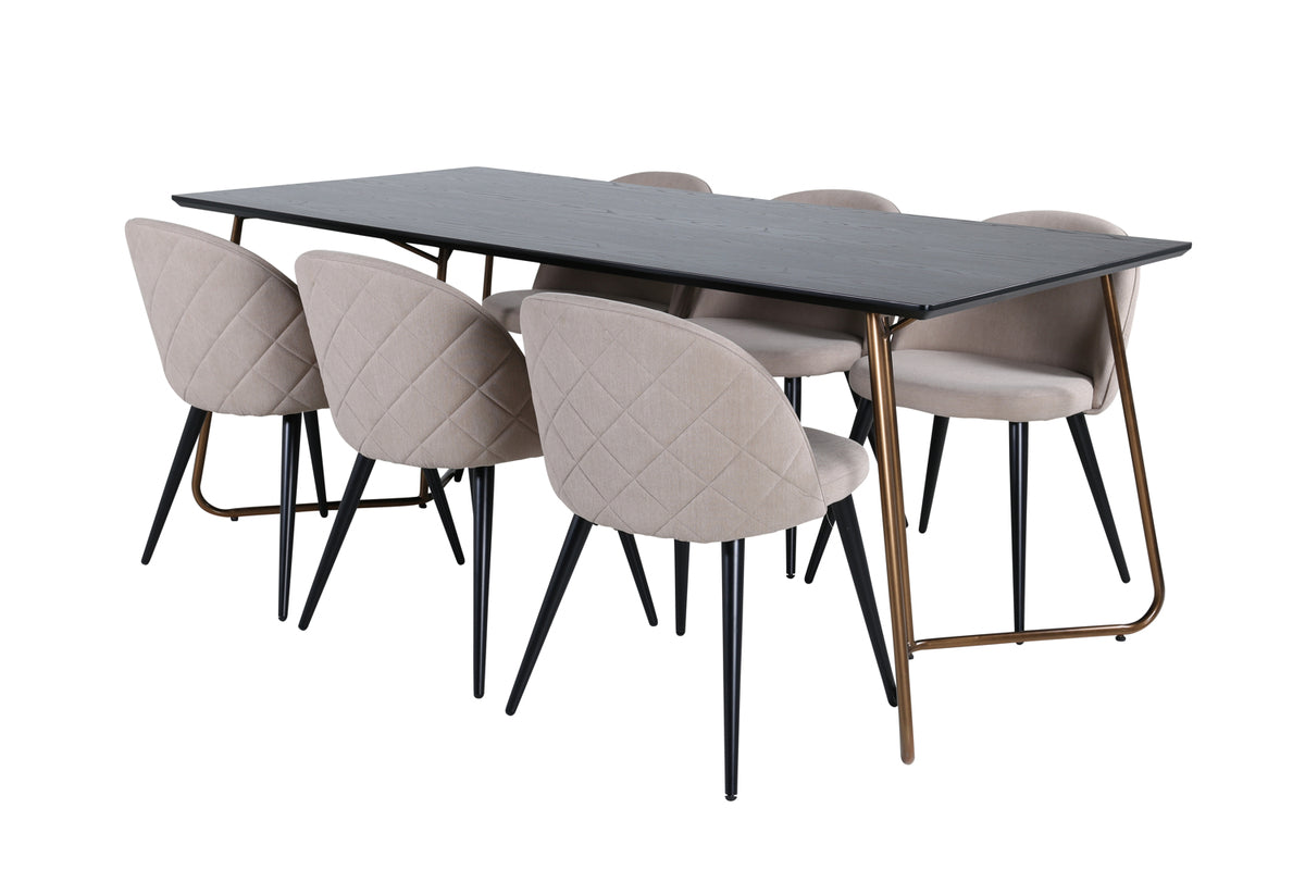 Venture Design Petra & Velvet Rektangulära Matbord 190 x 90 Svart + Matstolar 2-pack Beige