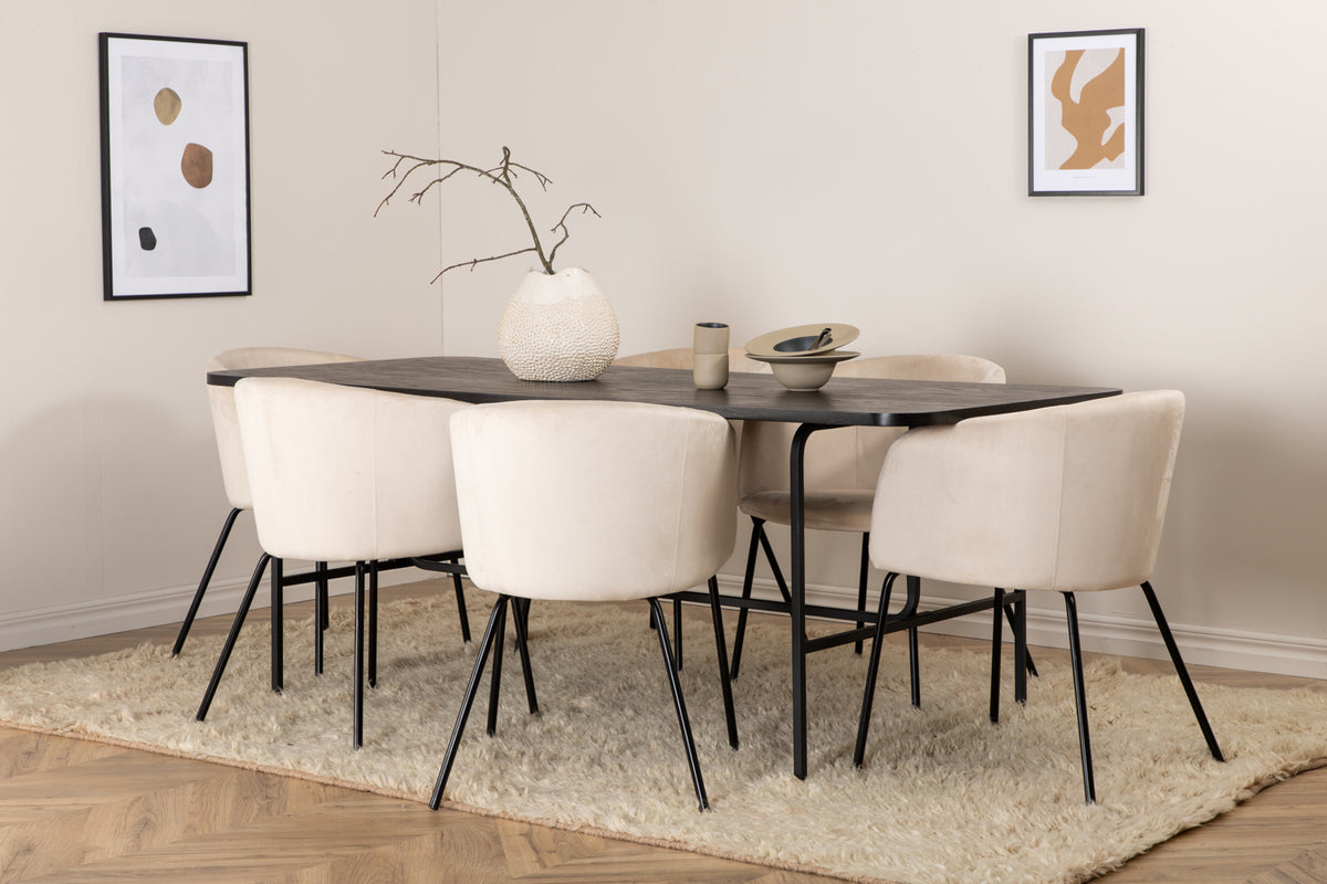 Venture Design Berit & Uno Matstolar Beige + Rektangulära Matbord 200 x 90 Svart