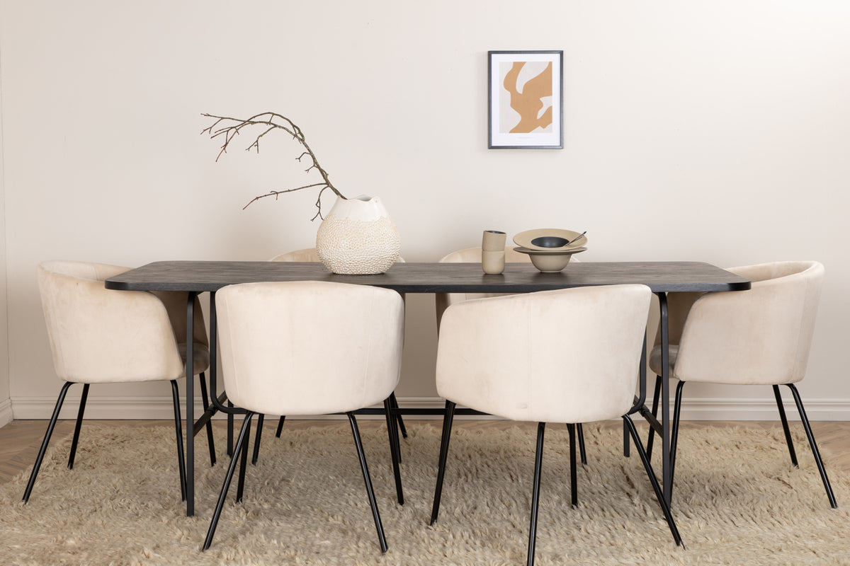 Venture Design Berit & Uno Matstolar Beige + Rektangulära Matbord 200 x 90 Svart
