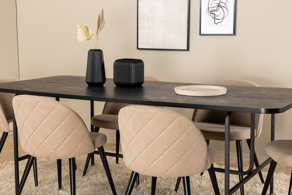 Venture Design Uno & Velvet Rektangulära Matbord 200 x 90 Svart + Matstolar 2-pack Beige