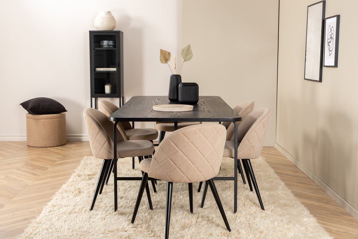 Venture Design Uno & Velvet Rektangulära Matbord 200 x 90 Svart + Matstolar 2-pack Beige