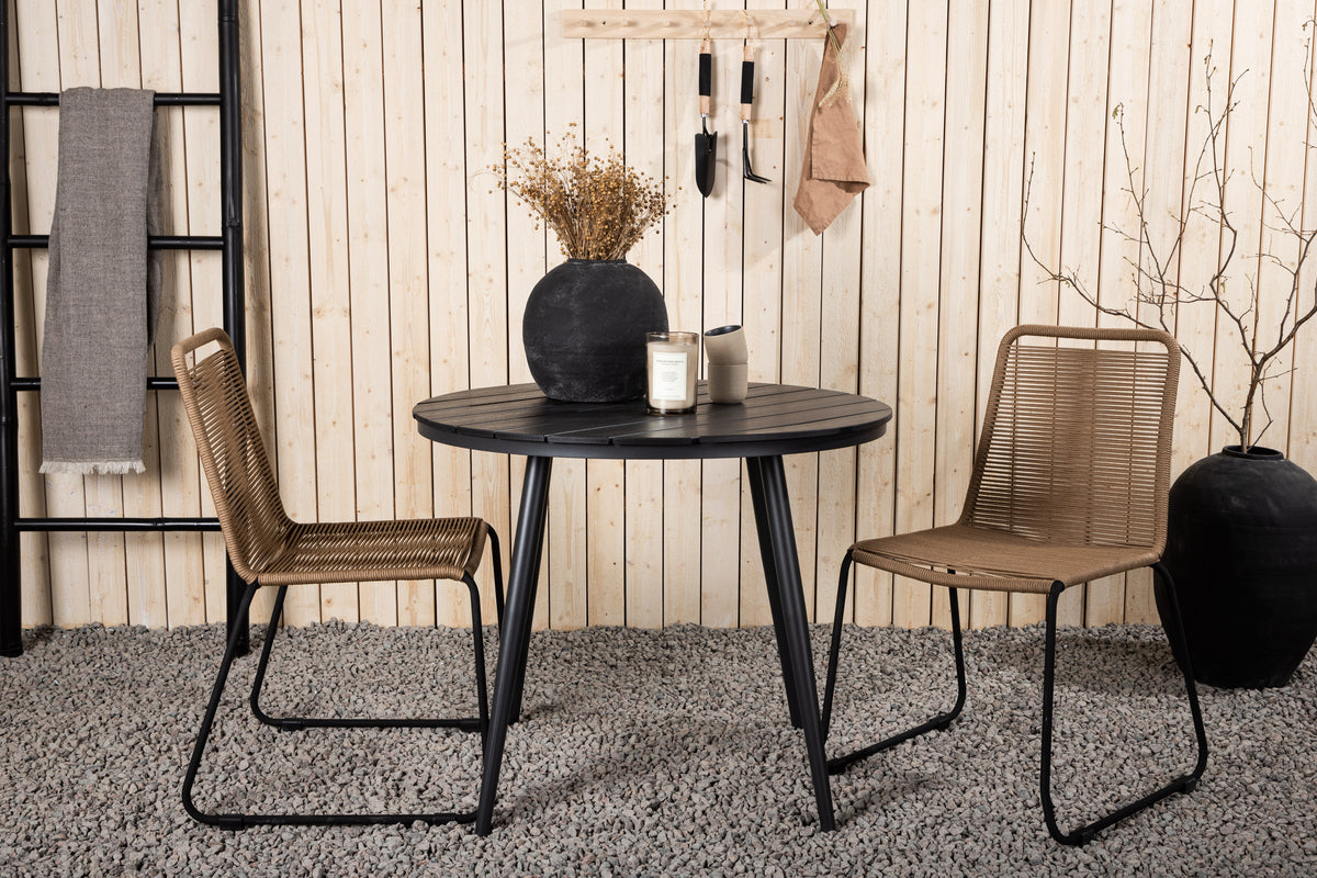 Venture Design Break & Lindos Runda Matbord ⌀90 Svart + Matstolar 2-pack Brun