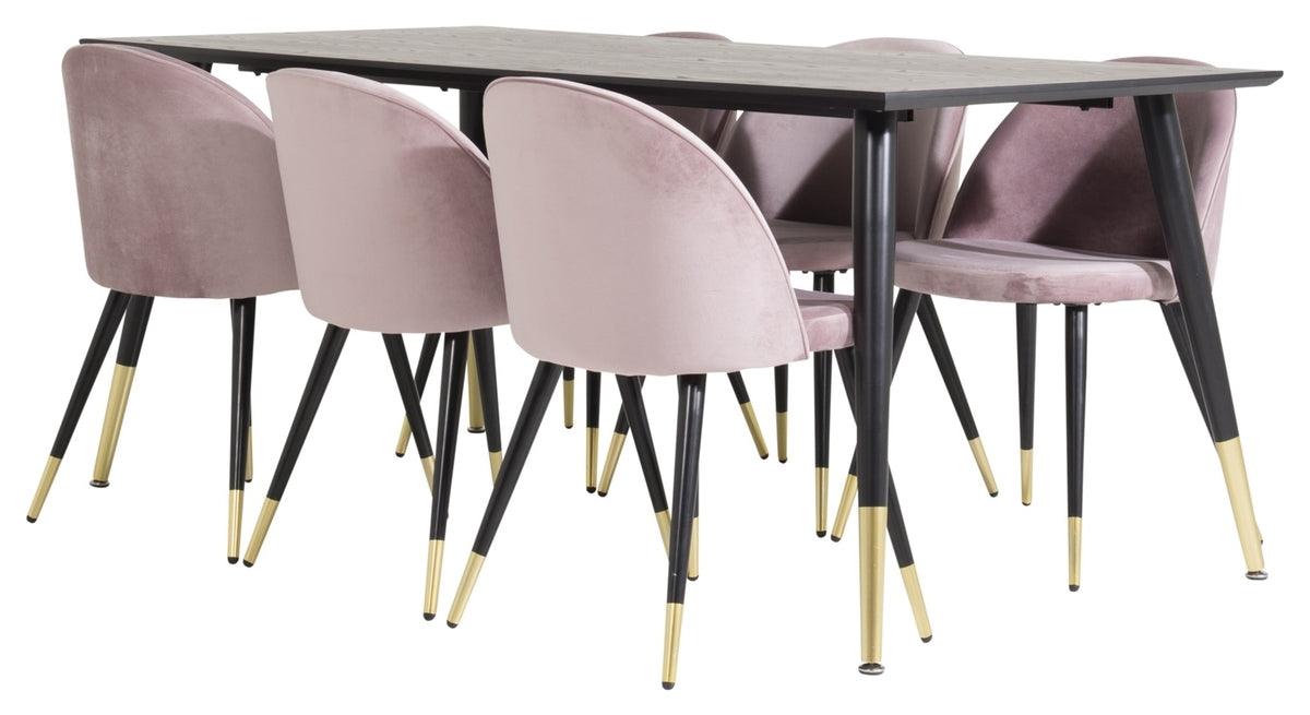 Venture Design Dipp & Velvet Rektangulära Matbord 180 x 90 Svart + Matstolar 2-pack Gammelrosa