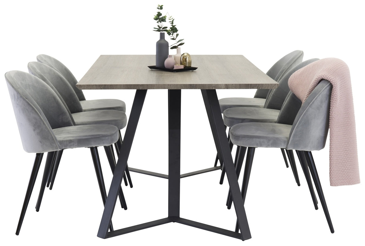 Venture Design Velvet & Marina Matstolar 2-pack Grå + Rektangulära Matbord 180 x 90 Natur