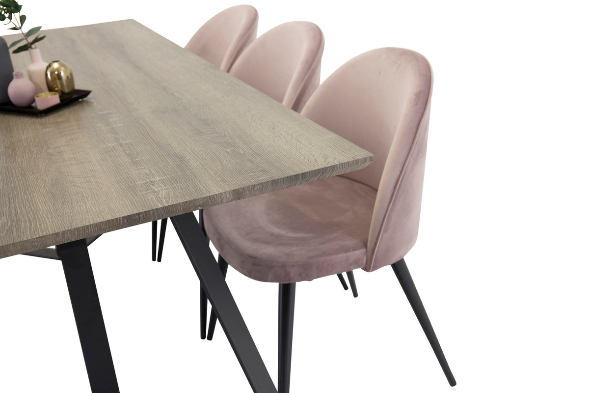 Venture Design Velvet & Marina Matstolar 2-pack Gammelrosa + Rektangulära Matbord 180 x 90 Natur