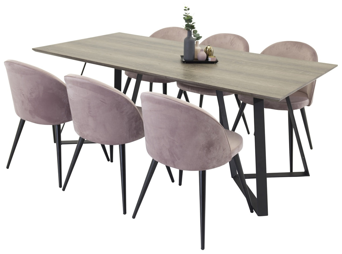 Venture Design Velvet & Marina Matstolar 2-pack Gammelrosa + Rektangulära Matbord 180 x 90 Natur