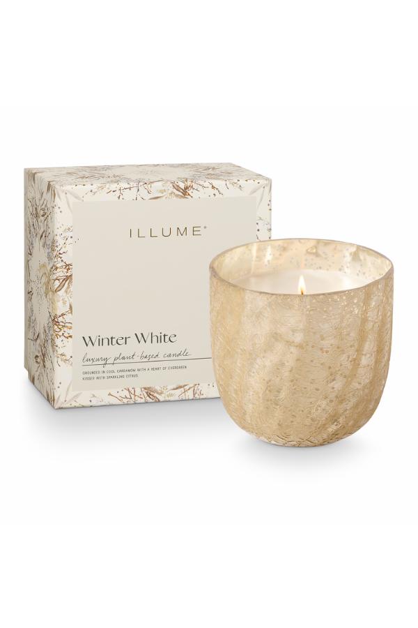 Illume Winter White Crackle Glass Candle, White,