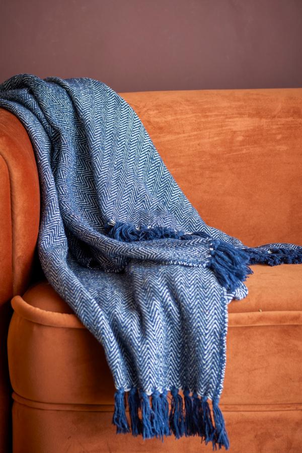 Creative Collection Herringbone Throw, Blue, Recycled Cotton