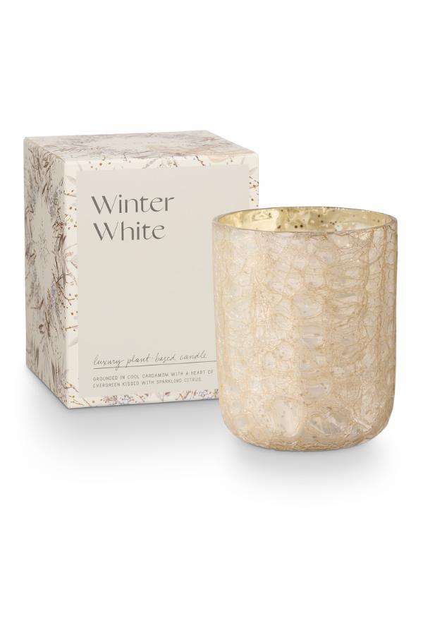 Illume Winter White Crackle Glass Candle, White,