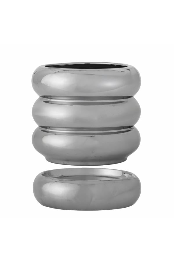 Bloomingville Shine Flowerpot w/Saucer, Silver, Stoneware