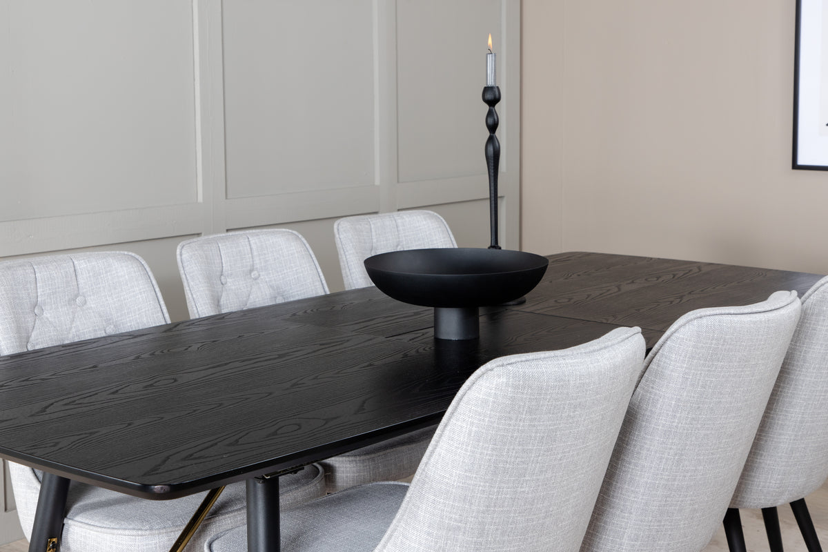 Venture Design Gold & Velvet Deluxe Rektangulära Matbord 180 x 85 Svart + Matstolar 2-pack Grå