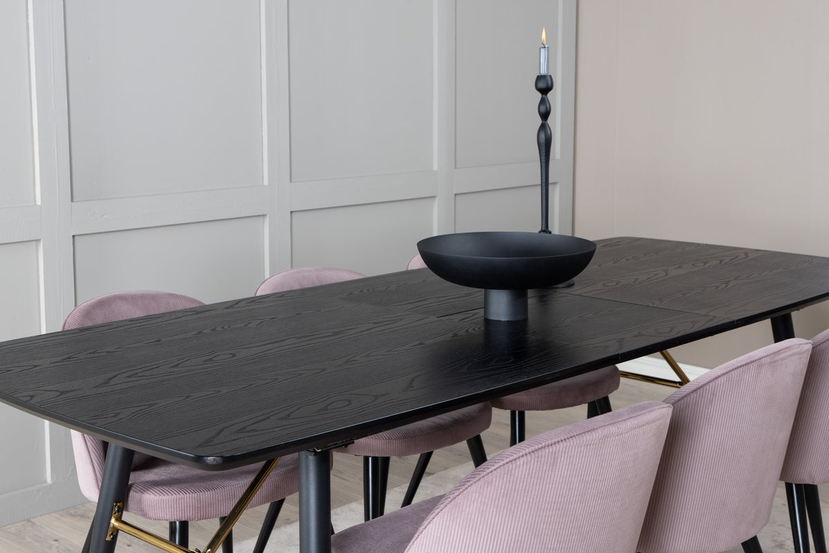 Venture Design Gold & Velvet Rektangulära Matbord 180 x 85 Svart + Matstolar 2-pack Gammelrosa