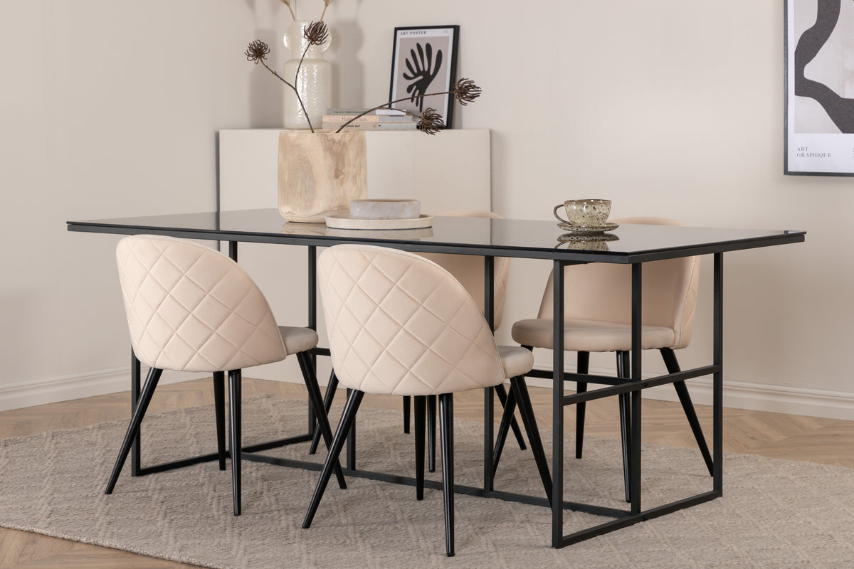 Venture Design Leif & Velvet Rektangulära Matbord 200 x 90 Svart + Matstolar 2-pack Beige