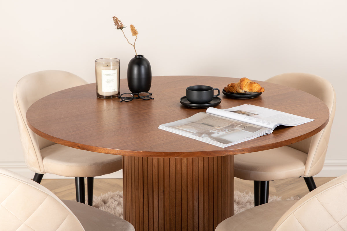Venture Design Bianca & Velvet Runda Matbord ⌀110 Valnöt + Matstolar 2-pack Beige