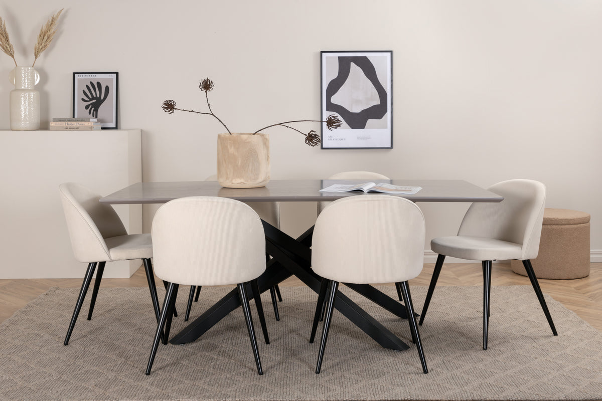 Venture Design Velvet & Piazza Matstolar 2-pack Grädde + Rektangulära Matbord 180 x 90 Svart