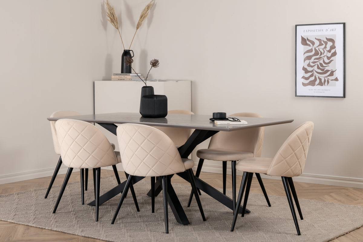 Venture Design Velvet & Piazza Matstolar 2-pack Beige + Rektangulära Matbord 180 x 90 Svart