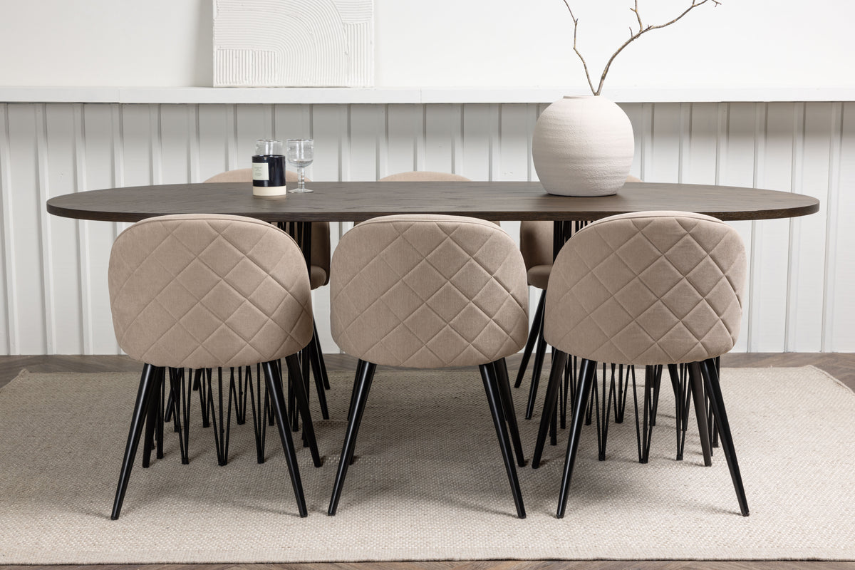 Venture Design Velvet & Stone Matstolar 2-pack Beige + Ovala Matbord 220 x 100 Mocka