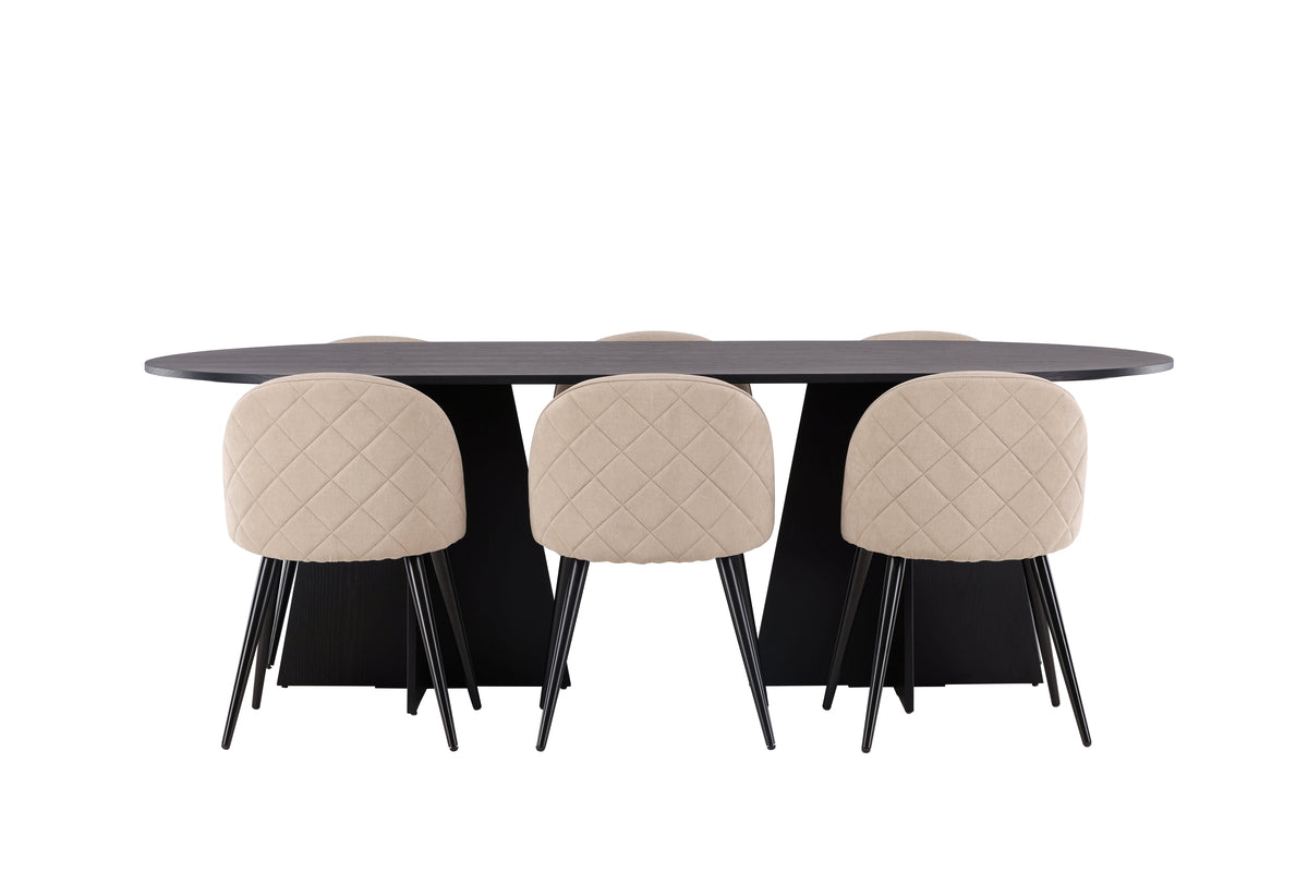 Venture Design Velvet & Bootcut Matstolar 2-pack Beige + Ovala Matbord 230 x 115 Svart