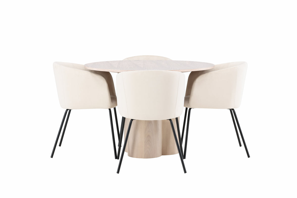 Venture Design Berit & Olivia Matstolar Beige + Runda Matbord ⌀110 Vitputsad
