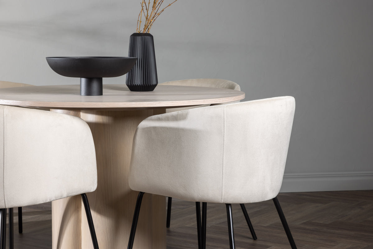 Venture Design Berit & Olivia Matstolar Beige + Runda Matbord ⌀110 Vitputsad