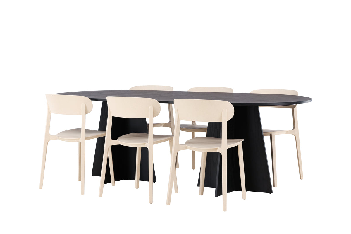Venture Design Bootcut & Åstol Ovala Matbord 230 x 115 Svart + Matstolar 2-pack Beige