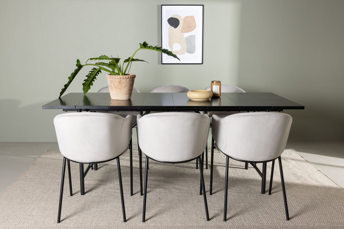 Venture Design Astrid & Evelina Rektangulära Matbord 200 x 90 Svart + Matstolar 2-pack Grå