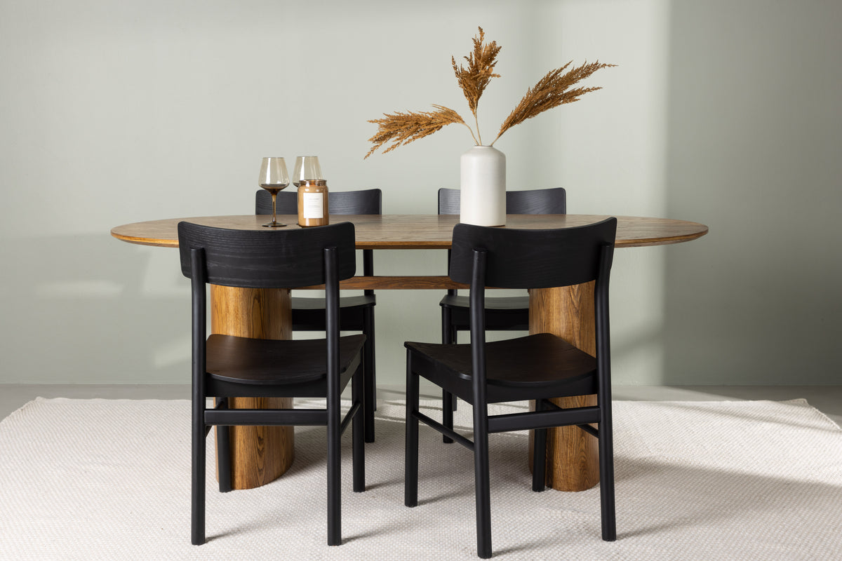 Venture Design Montros & Isolde Matstolar 2-pack Svart + Ovala Matbord 180 x 90 Natur