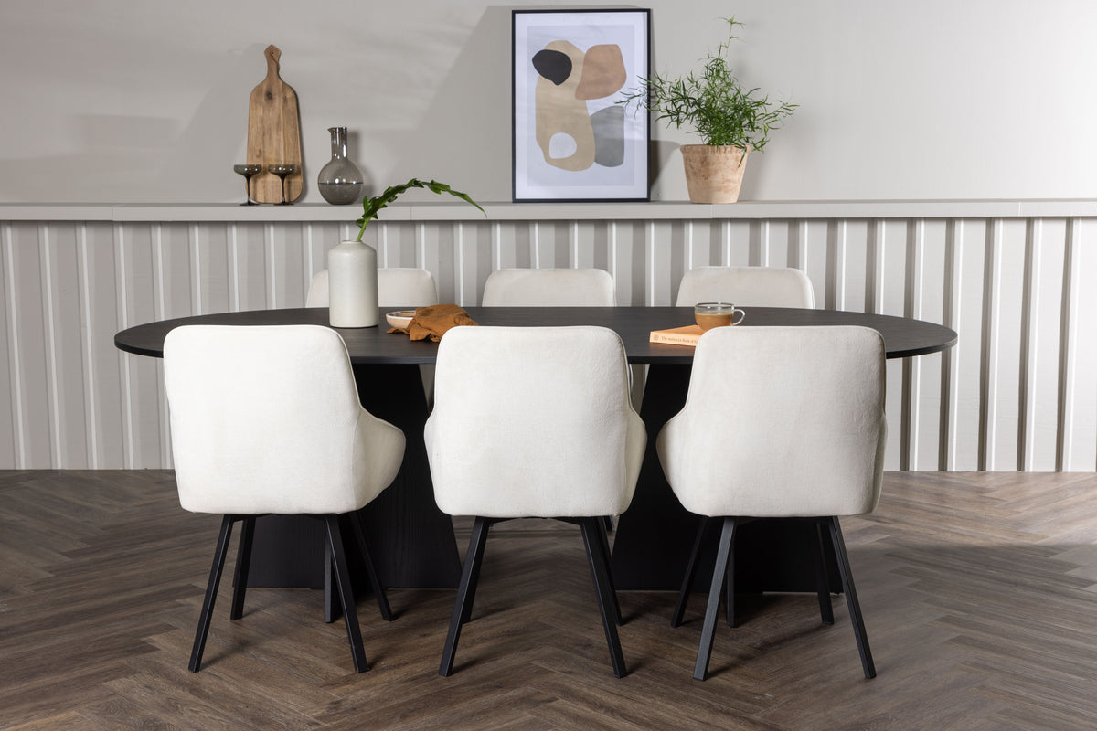 Venture Design Bootcut & Rosie Ovala Matbord 230 x 115 Svart + Matstolar 2-pack Beige