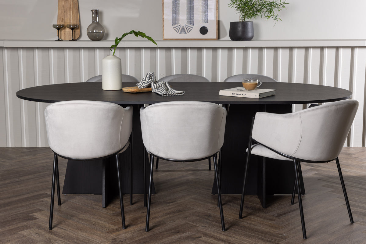 Venture Design Bootcut & Evelina Ovala Matbord 230 x 115 Svart + Matstolar 2-pack Grå