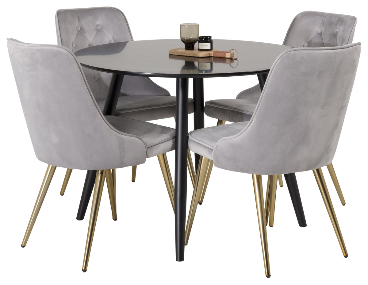 Venture Design Velvet Deluxe & Plaza Matstolar 2-pack Grå + Runda Matbord ⌀100 Svart
