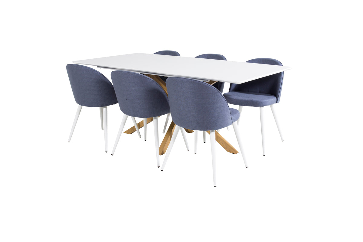 Venture Design Velvet & Piazza Matstolar 2-pack Blå + Rektangulära Matbord 180 x 90 Vit