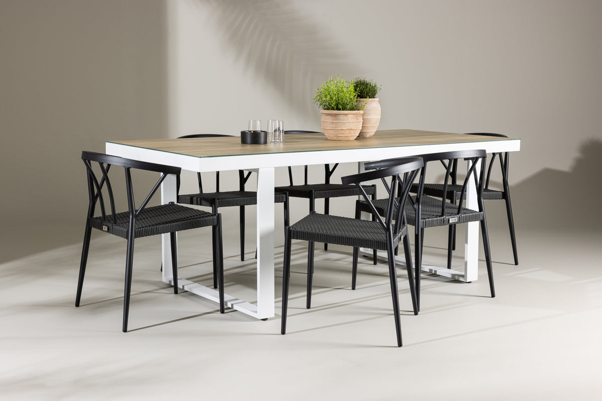 Venture Design Stina & Merlo Matstolar 6-pack Svart + Rektangulära Matbord 200 x 90 Vit